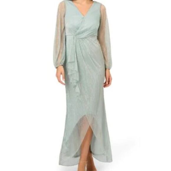 Adrianna Papell Gown  Women's Size 4 Mint Smoke Sheer Long Sleeves NWT - Picture 1 of 11